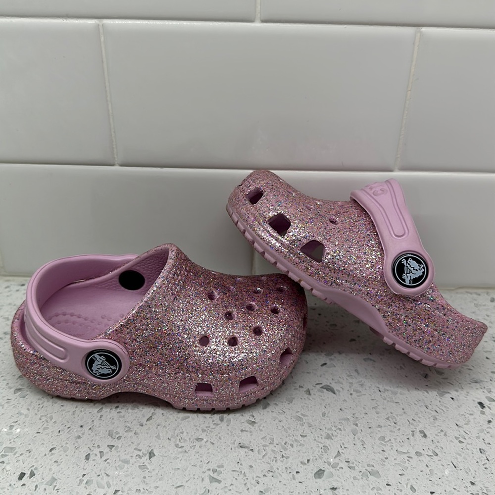 Girls Pink Sparkly Crocs